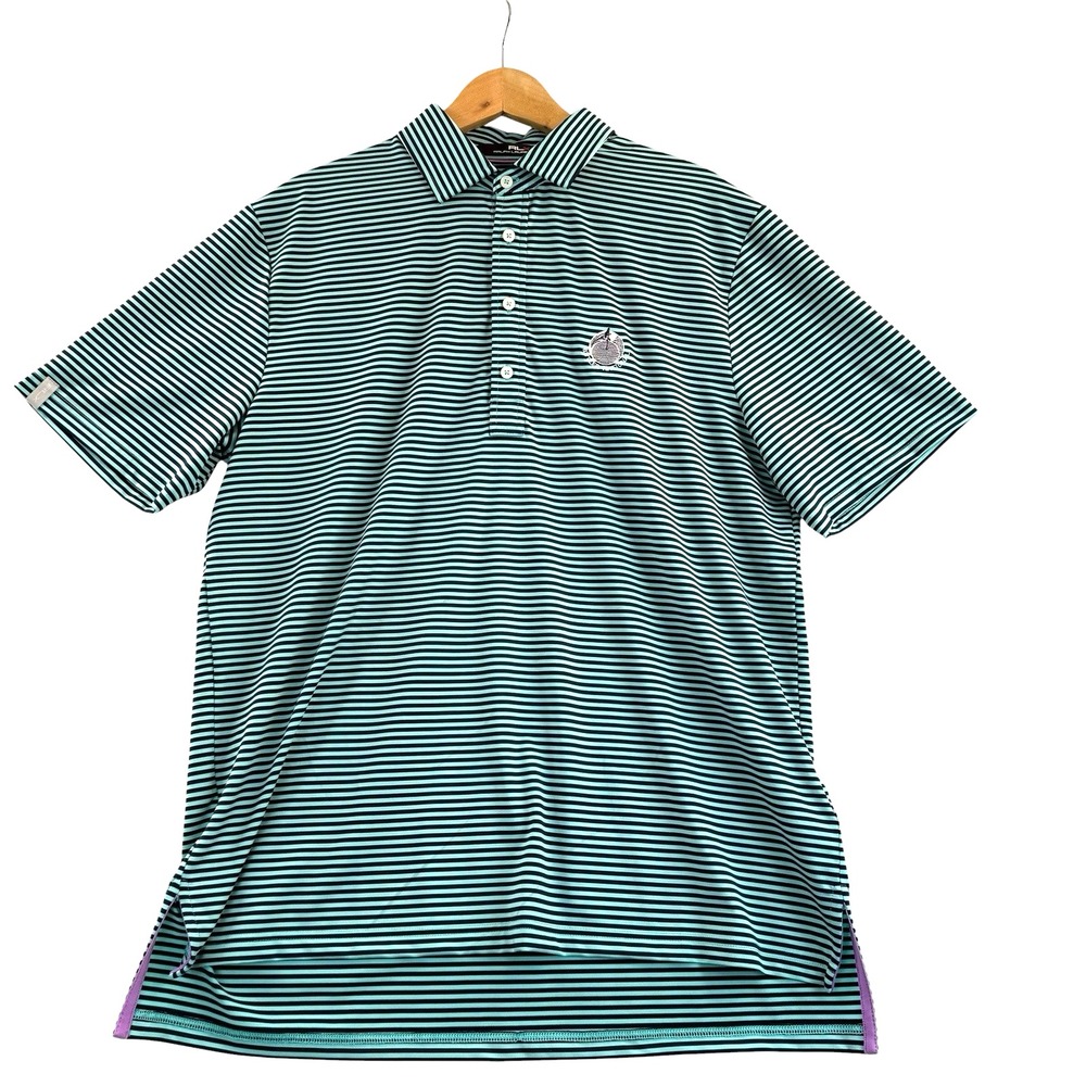 RLX Ralph Lauren Butler National Golf Polo Shirt  Navy/Green Stripe Size Large